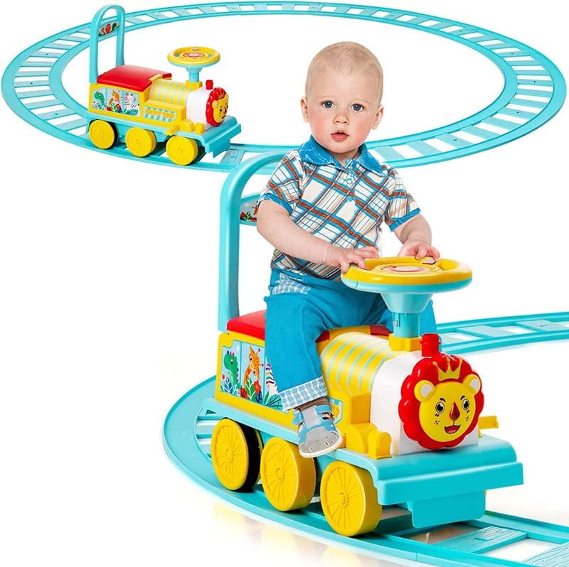 6V Electric Kids Ride on Train with 16PCS Tracks, Battery Powered Motorized Toy Train with 6 Wheels, Storage Seat, Lights & Music for Toddlers