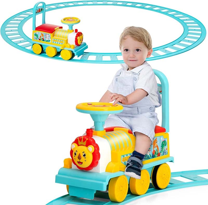 6V Electric Kids Ride on Train with 16PCS Tracks, Battery Powered Motorized Toy Train with 6 Wheels, Storage Seat, Lights & Music for Toddlers