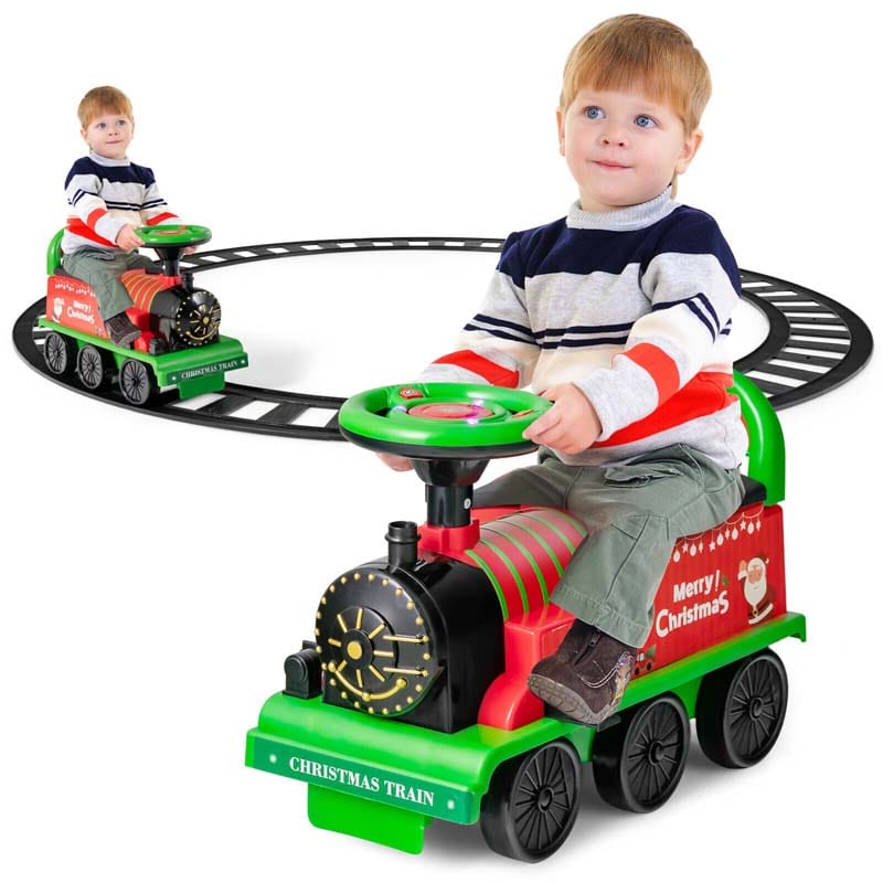 6V Electric Kids Ride on Train with 16PCS Tracks, Battery Powered Motorized Toy Train with 6 Wheels, Storage Seat, Lights & Music for Toddlers