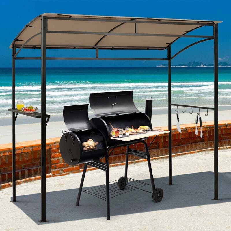 7x4.5 FT Outdoor Patio Grill Gazebo, Curved BBQ Canopy Shelter with Serving Shelves, Storage Hooks & Heavy-Duty Steel Frame for Backyard Garden