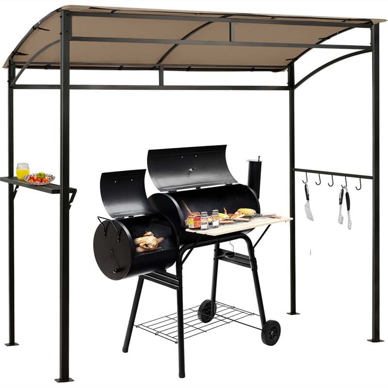 7x4.5 FT Outdoor Patio Grill Gazebo, Curved BBQ Canopy Shelter with Serving Shelves, Storage Hooks & Heavy-Duty Steel Frame for Backyard Garden