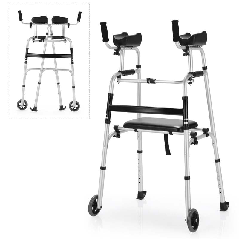 Folding Walker for Seniors, Lightweight Aluminum Mobility Aid with 5" Wheels, Seat & Armrest Pads, Adjustable Height Platform Walker for Elderly