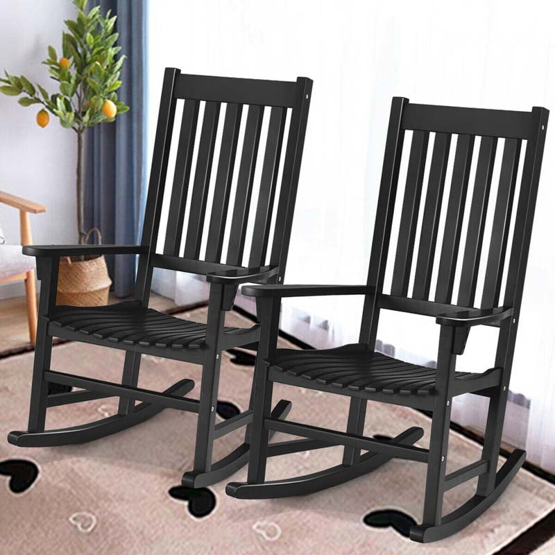 2PCS Acacia Wood Rocking Chair, High Back Porch Rocker with Wide Seat & Ergonomic Armrest for Indoor Outdoor Use