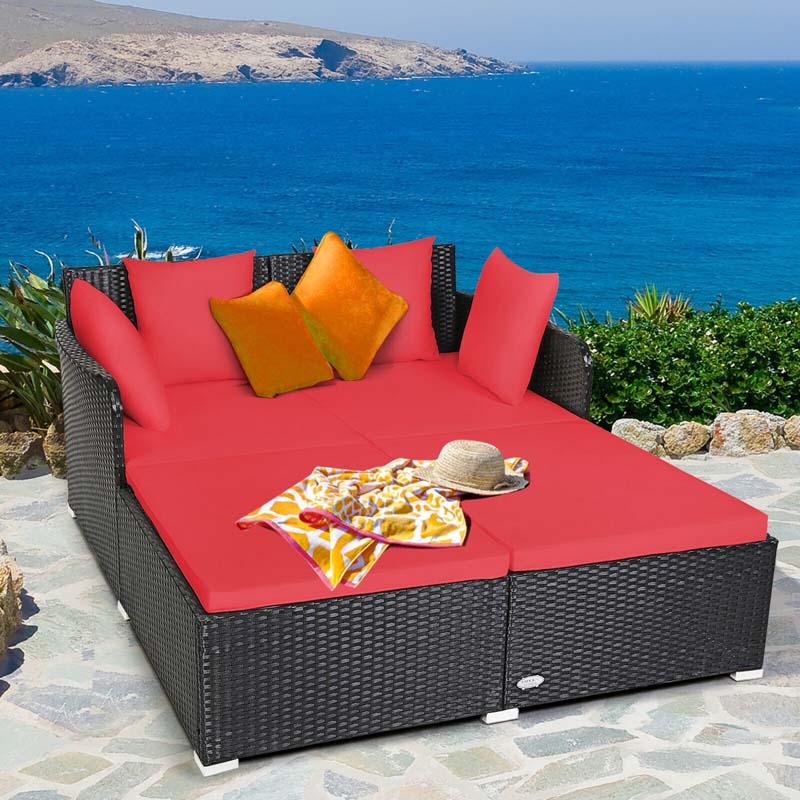 Outdoor Wicker Rattan Daybed, 2 Person Patio Chaise Lounge Chair with Cushions & 4 Pillows for Poolside Backyard Garden Balcony