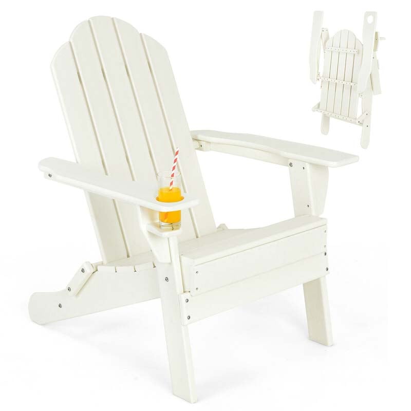 2 PCS Outdoor Folding Adirondack Chairs with Cup Holder, All-Weather PE Patio Lounge Chair for Backyard, Poolside