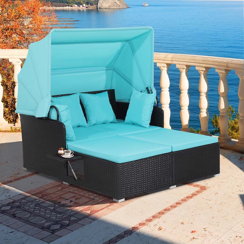 Patio Rattan Daybed, Outdoor Wicker Double Sun Lounger with Retractable Canopy, 2 Foldable Side Trays & Thick Cushions for Garden Poolside, Porch