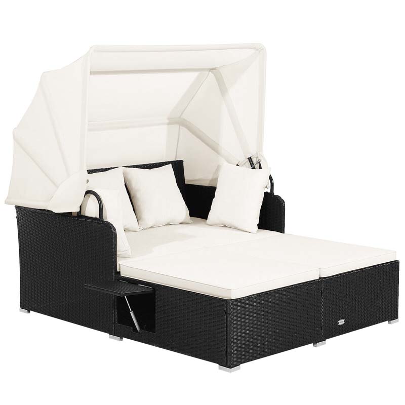 Patio Rattan Daybed, Outdoor Wicker Double Sun Lounger with Retractable Canopy, 2 Foldable Side Trays & Thick Cushions for Garden Poolside, Porch