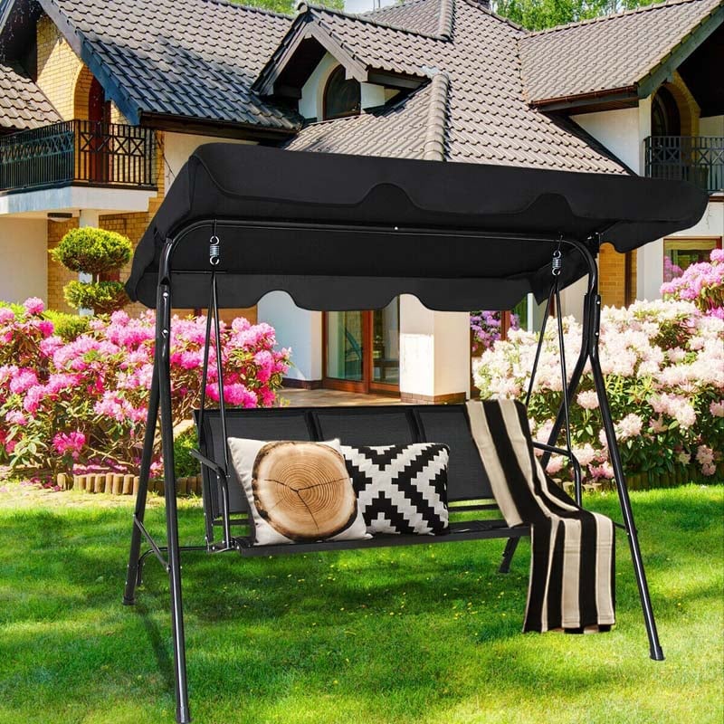 3-Person Patio Porch Swing with Adjustable Canopy, All-Weather Steel Frame Canopy Swing Bench for Garden, Poolside, Balcony