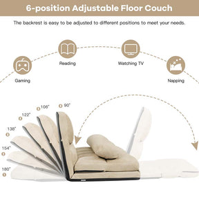 6-Position Adjustable Floor Sofa Bed, Foldable Lazy Sleeper with 2 Pillows & Suede Cover, Convertible Futon Couch Bed for Living Room & Gaming