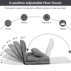 6-Position Adjustable Floor Sofa Bed, Foldable Lazy Sleeper with 2 Pillows & Suede Cover, Convertible Futon Couch Bed for Living Room & Gaming