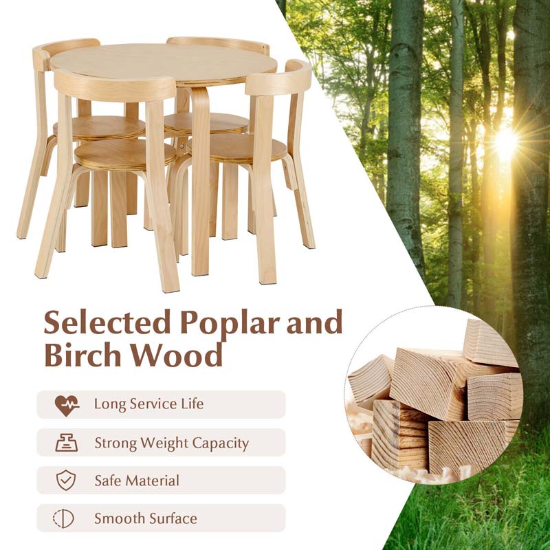 5 Piece Bentwood Kids Table & Chair Set, Toddler Activity Table with Toy Bricks & 4 Chairs for Craft Art, Daycare, Playroom & Classroom