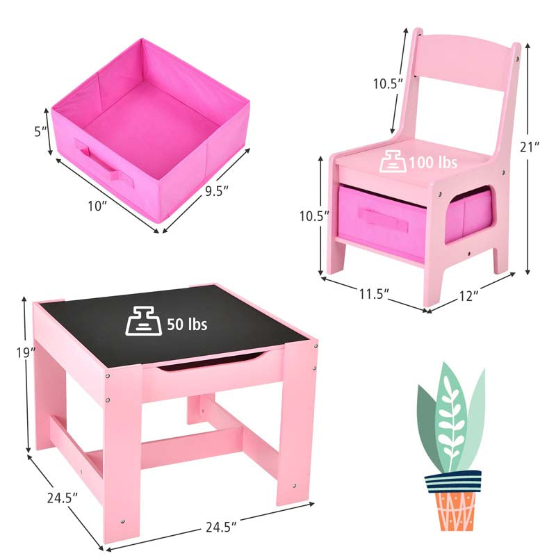 Kids Table & Chairs Set, 3-in-1 Wooden Toddler Activity Table with Storage, Reversible Tabletop & Blackboard for Art Craft, Drawing, Playroom