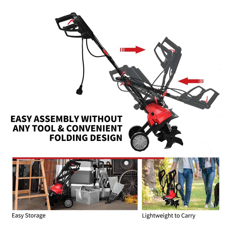 Electric Tiller Corded Power Cultivator with Foldable Handle, 9" Tilling Depth & 4/6 Tines, Garden Rototiller Tool for Lawn Soil Digging