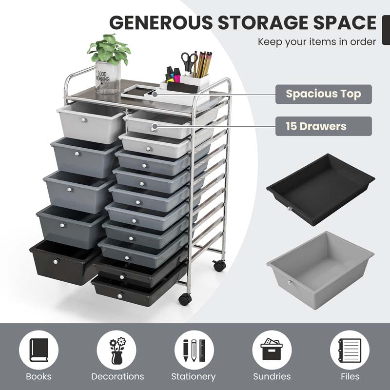 15-Drawer Storage Drawer Cart Tools Scrapbook Paper Organizer Cart Office School Utility Cart Rolling Storage Cart with Wheels