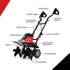 Electric Tiller Corded Power Cultivator with Foldable Handle, 9" Tilling Depth & 4/6 Tines, Garden Rototiller Tool for Lawn Soil Digging