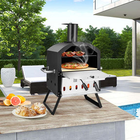2-Layer Wood Fired Pizza Oven, Outdoor Portable Grill Pizza Maker with 12" Pizza Stone, Waterproof Cover & Folding Legs for Camping, Backyard BBQ