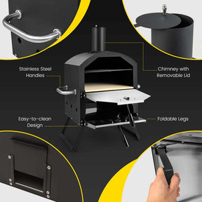 2-Layer Wood Fired Pizza Oven, Outdoor Portable Grill Pizza Maker with 12" Pizza Stone, Waterproof Cover & Folding Legs for Camping, Backyard BBQ