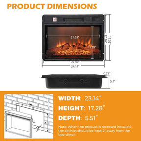 23" Electric Fireplace Insert, 1400W Recessed Fireplace Heater with 3 LED Realistic Flame Effects, Remote Control, 6H Timer