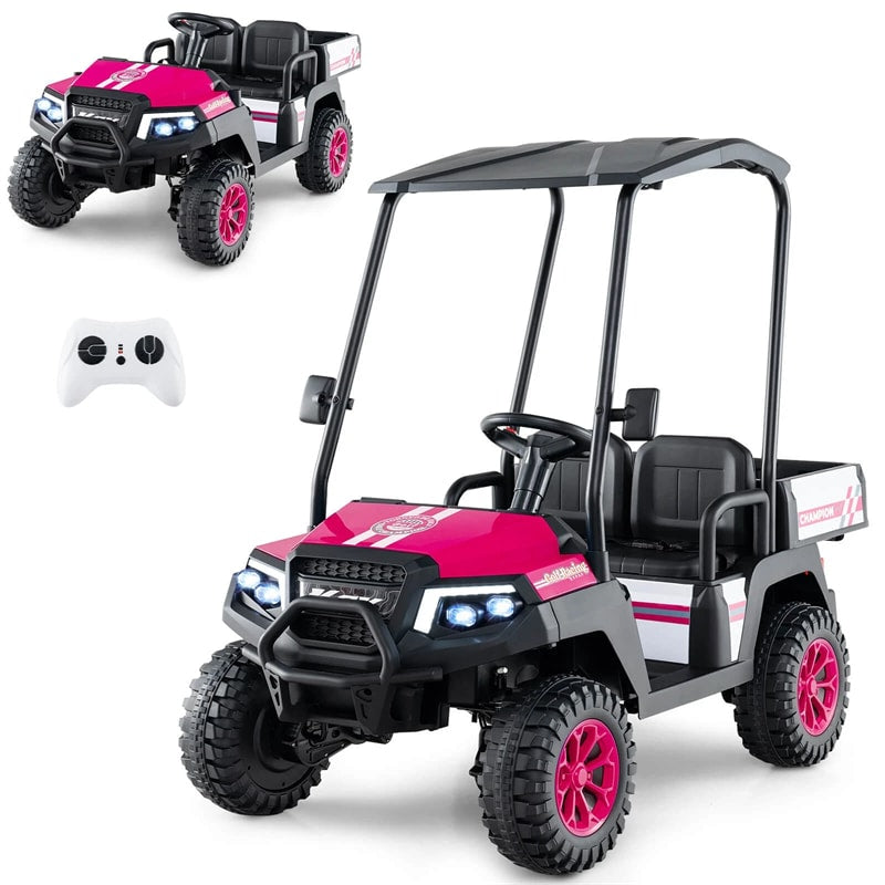 24V 4WD 2-Seater Kids Golf Cart with Sun Shade, Storage Trunk & Remote Control, LED Lights, Electric Ride on Toy Car for Boys Girls Ages 3+