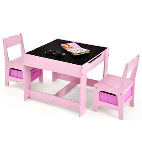 Kids Table & Chairs Set, 3-in-1 Wooden Toddler Activity Table with Storage, Reversible Tabletop & Blackboard for Art Craft, Drawing, Playroom