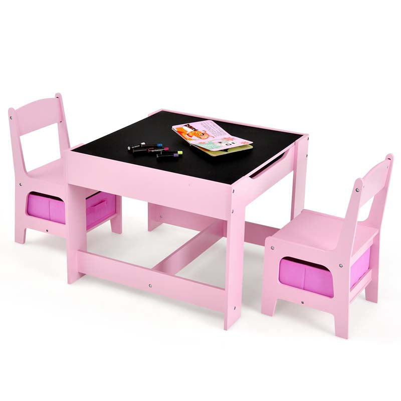Kids Table & Chairs Set, 3-in-1 Wooden Toddler Activity Table with Storage, Reversible Tabletop & Blackboard for Art Craft, Drawing, Playroom