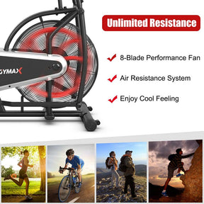 Moving Upright Air Bike, Fan Exercise Bike w/Unlimited Resistance, LCD Monitor, Phone Holder, Adjustable Seat, Built-in Wheels for Home Cardio Workout