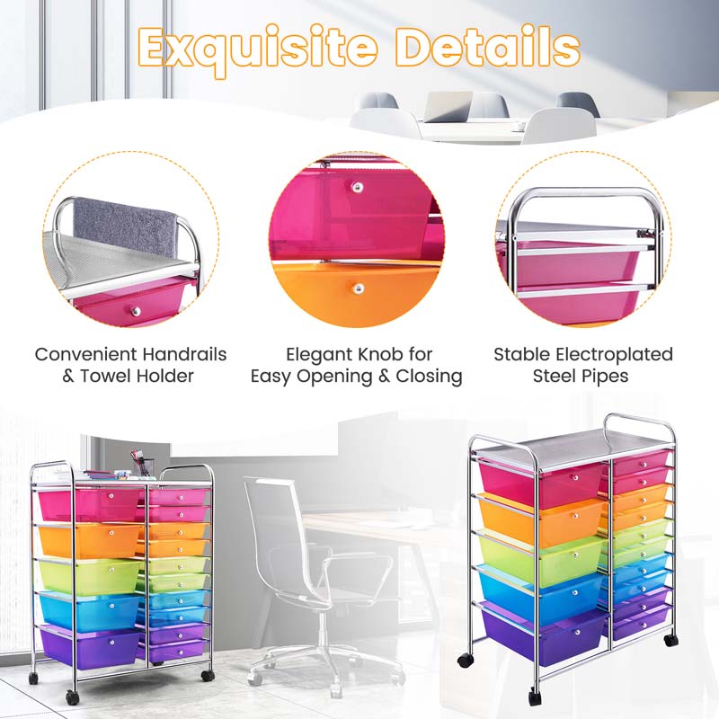 15-Drawer Storage Drawer Cart Tools Scrapbook Paper Organizer Cart Office School Utility Cart Rolling Storage Cart with Wheels