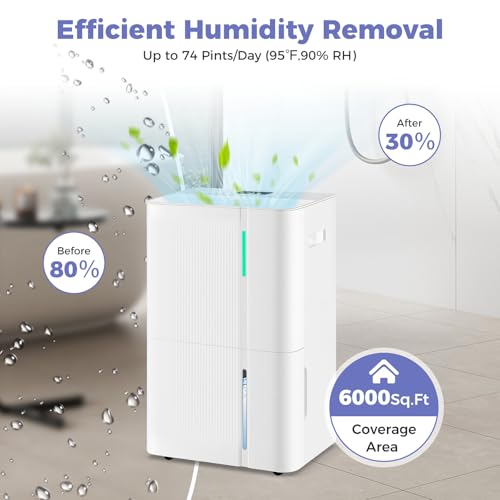 74 Pints Dehumidifier for Home, 4500 Sq. Ft Dehumidifier w/3 Modes, 24H Timer, 3-Color Indicator, Child Lock & Drain Hose, Energy Efficient Dehumidifier for Bathroom, Bedroom, Basement
