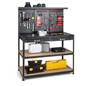 48" x 24" Heavy Duty Metal Workbench with Pegboard & 2 Drawers, 965LBS Capacity Tool Work Table with 25 Hanging Accessories for Garage, Workshop