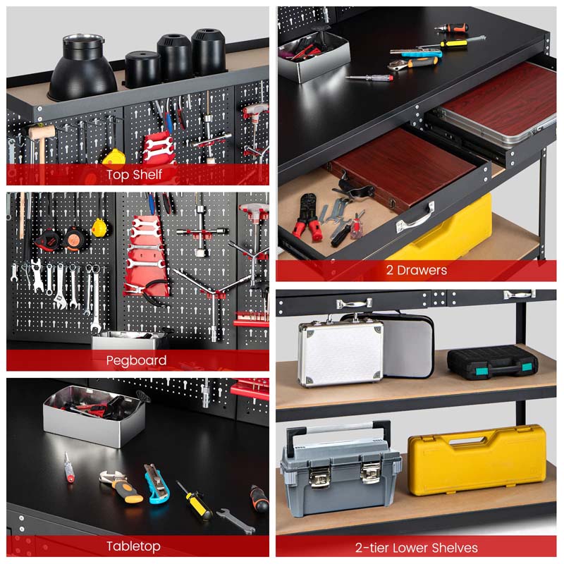 48" x 24" Heavy Duty Metal Workbench with Pegboard & 2 Drawers, 965LBS Capacity Tool Work Table with 25 Hanging Accessories for Garage, Workshop