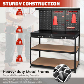 48" x 24" Heavy Duty Metal Workbench with Pegboard & 2 Drawers, 965LBS Capacity Tool Work Table with 25 Hanging Accessories for Garage, Workshop