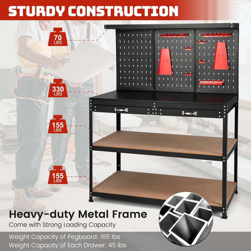 48" x 24" Heavy Duty Metal Workbench with Pegboard & 2 Drawers, 965LBS Capacity Tool Work Table with 25 Hanging Accessories for Garage, Workshop