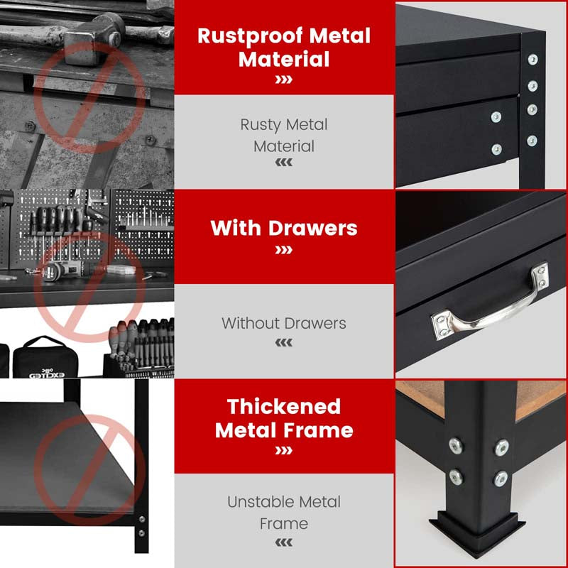 48" x 24" Heavy Duty Metal Workbench with Pegboard & 2 Drawers, 965LBS Capacity Tool Work Table with 25 Hanging Accessories for Garage, Workshop