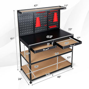 48" x 24" Heavy Duty Metal Workbench with Pegboard & 2 Drawers, 965LBS Capacity Tool Work Table with 25 Hanging Accessories for Garage, Workshop