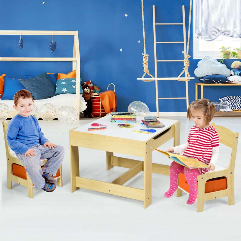 Kids Table & Chairs Set, 3-in-1 Wooden Toddler Activity Table with Storage, Reversible Tabletop & Blackboard for Art Craft, Drawing, Playroom