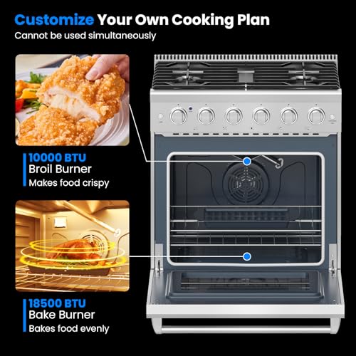 30 Inches Natural Gas Range, 120V Freestanding Gas Range with 5 Burners Cooktop & 4.55 Cu.Ft. Convection Oven, Storage Drawer, Dual Fuels Range with Cast Iron Grates & Enamel Interior, Stainless Steel