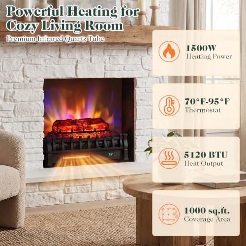 Infrared Quartz Electric Fireplace Heater, Alexa and Google Assistant Compatible, 5 Flame Modes, 8H Timer, 1500W