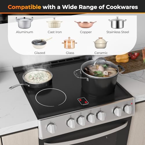 Electric Range, 30 Inch Freestanding & Slide-in Kitchen Stove with 4 Burners Ceramic Cooktop, 5.1 Cu.Ft. Capacity, Stainless Steel Convection Oven with 3 Cooking Modes and 10-120 Mins Timer