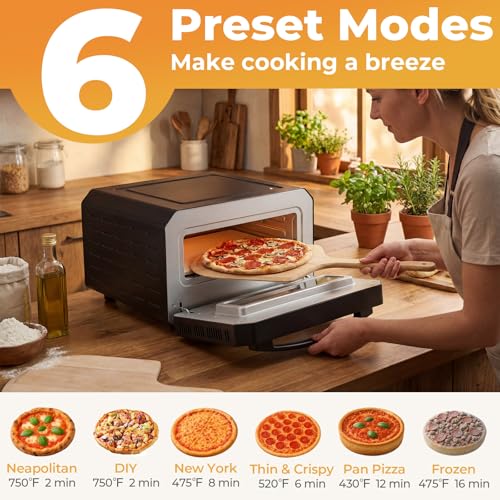 Indoor Electric Pizza Oven, Countertop Pizza Oven for 12" Pizzas w/6 Presets & 2-Min Rapid Baking Heats up to 750, Pizza Maker Machine w/Pizza Stone & Cutter Wheel for Home Kitchen