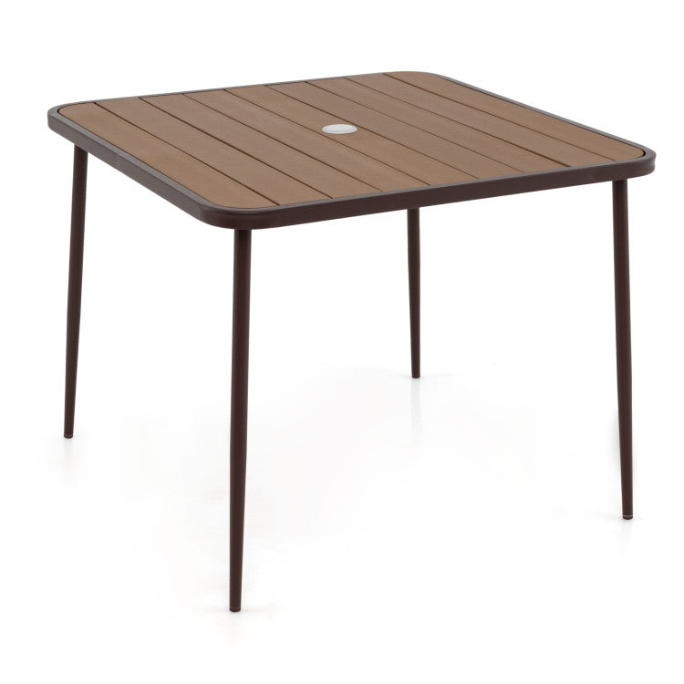 5 Pieces Patio Dining Set, 4 Cushioned Rattan Armchairs & Square Table with Wood-Plastic Tabletop & Umbrella Hole