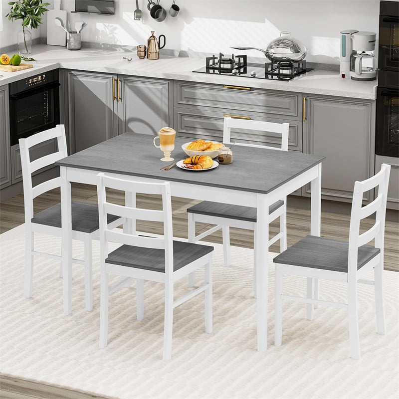 5-Piece Dining Table Set for 4, Wood Kitchen Table & 4 Chairs w/ Rubber Wood Legs, Mid-Century Modern Farmhouse Dinette Set for Small Spaces