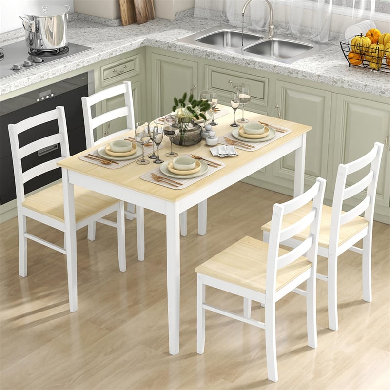 5-Piece Dining Table Set for 4, Wood Kitchen Table & 4 Chairs w/ Rubber Wood Legs, Mid-Century Modern Farmhouse Dinette Set for Small Spaces