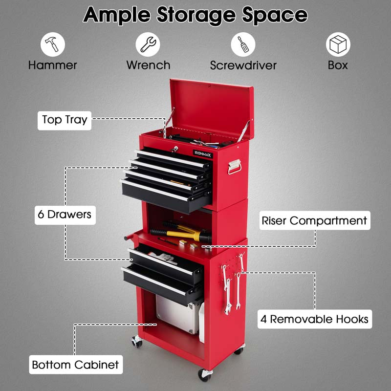 6-Drawer Rolling Tool Chest Cabinet, 3-in-1 Detachable Heavy-Duty High Capacity Tool Box Combo with Lockable Wheels for Garage Workshop