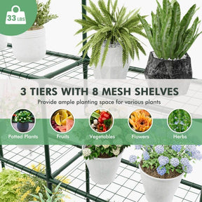 Portable Mini Walk-in Greenhouse with 3 Tiers 8 Shelves, PVC Cover, Roll-Up Zippered Door & Heavy-Duty Metal Frame for Indoor Outdoor Garden Yard