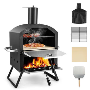 2-Layer Wood Fired Pizza Oven, Outdoor Portable Grill Pizza Maker with 12" Pizza Stone, Waterproof Cover & Folding Legs for Camping, Backyard BBQ