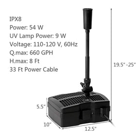 4-in-1 Koi Pond Filter Pump, 660 GPH Submersible Fountain Water Pump with 3 Fountain Heads & UV Light