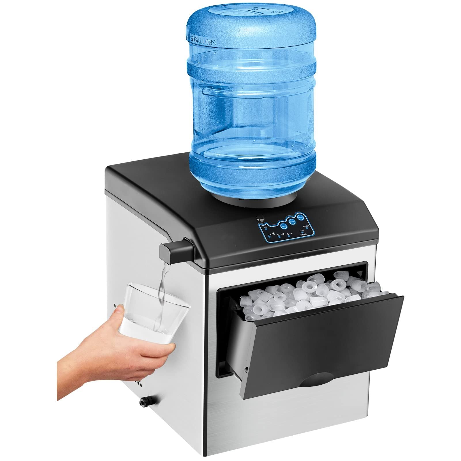 2-in-1 Countertop Ice Maker with Water Dispenser, 48LBS/24H Stainless Steel Ice Machine with 5LBS Ice Basket & 2-Way Water Inlet for Home Bar, Office