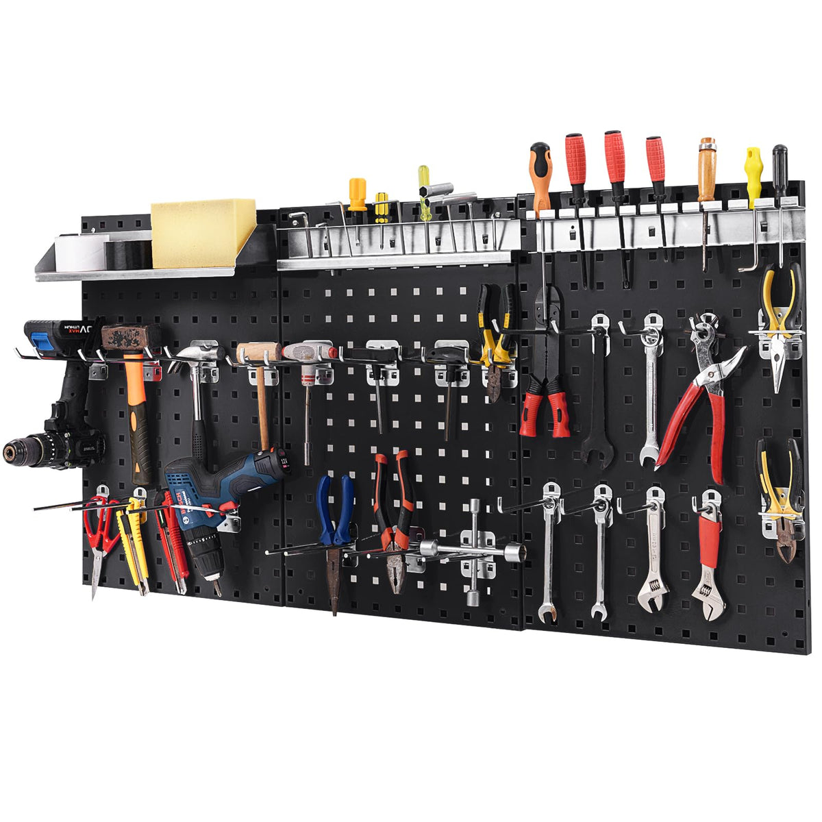 3 Pcs Metal Pegboard Panels w/25 Hooks, Storage Platform & Square Hole, Heavy Duty Pegboard Wall Organizer, Peg Board for Workshop Tool Storage