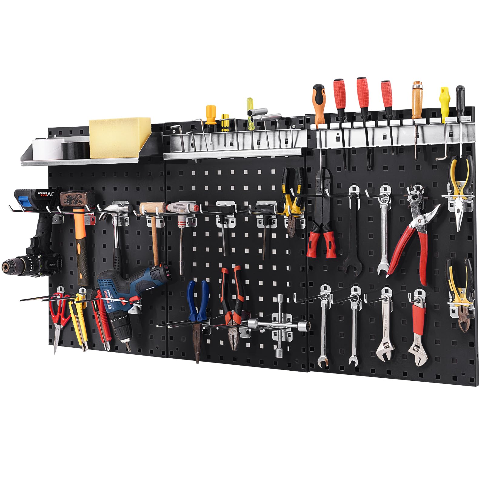 3 Pcs Metal Pegboard Panels w/25 Hooks, Storage Platform & Square Hole, Heavy Duty Pegboard Wall Organizer, Peg Board for Workshop Tool Storage