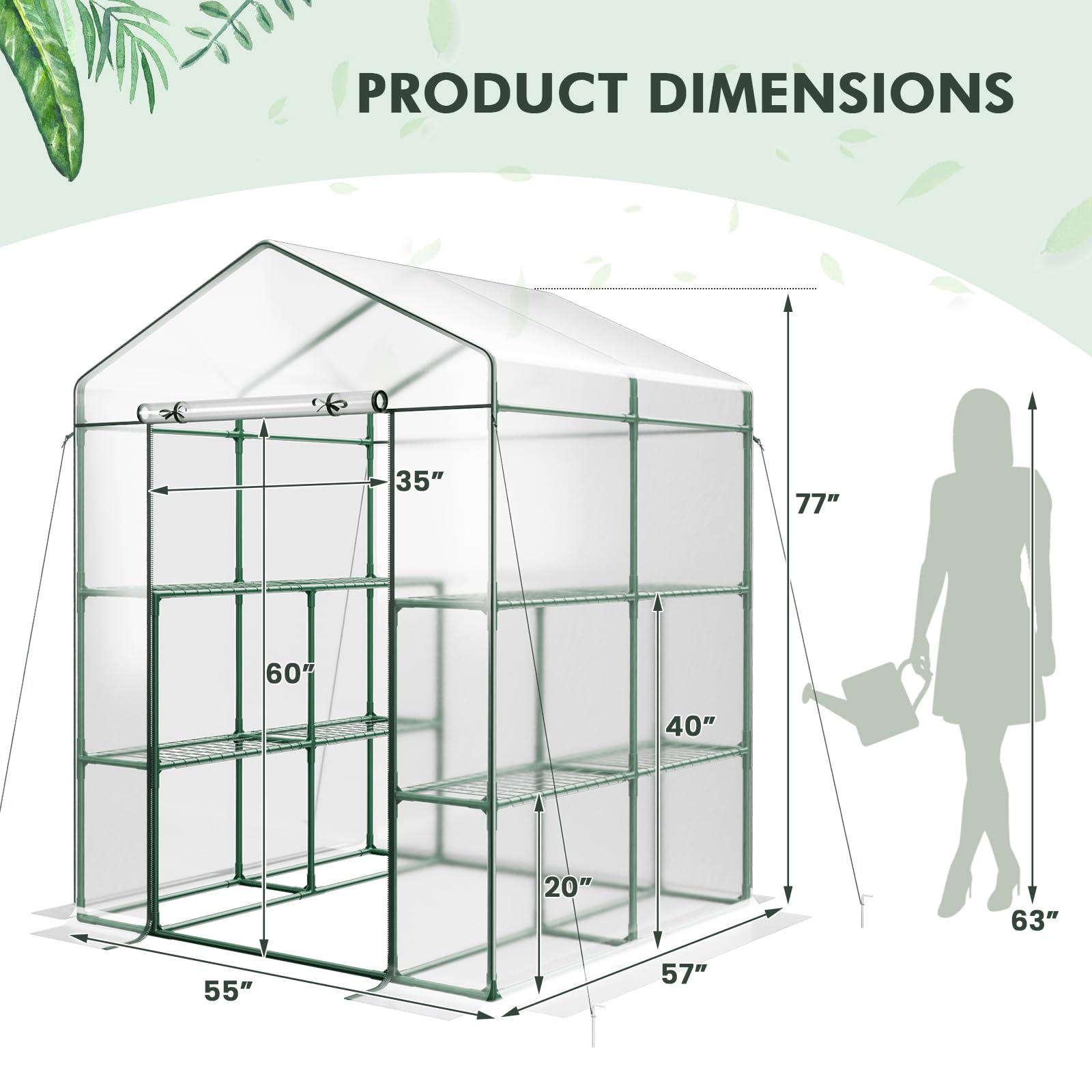 Portable Mini Walk-in Greenhouse with 3 Tiers 8 Shelves, PVC Cover, Roll-Up Zippered Door & Heavy-Duty Metal Frame for Indoor Outdoor Garden Yard